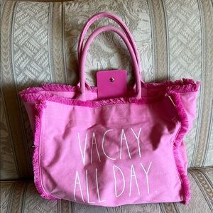 Rae Dunn Pink Tote Bag with Fringe Detailing